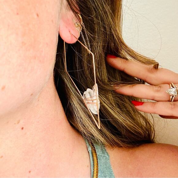 Clear Quartz Gold Handmade Boho Gemstone Crystal Hoop Earrings Hoops Jewelry - Picture 10 of 11